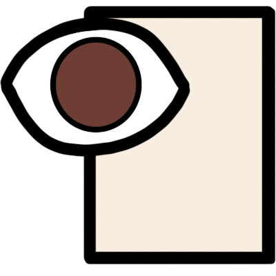 a big brown eye in front of a cream-colored rectangle that represents a sheet of paper, and by extension information.
